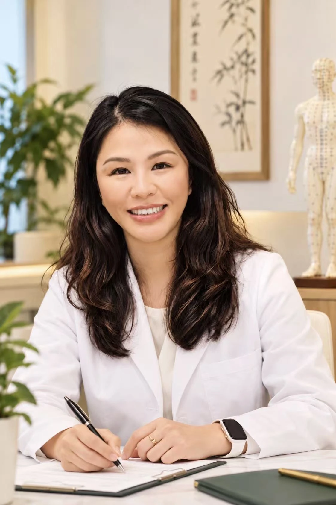Annie Tan seated at her desk in a white coat