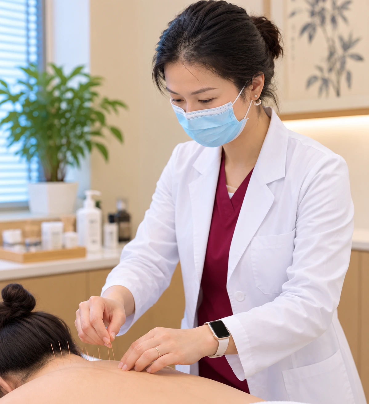 Annie Tan performing an acupuncture treatment in her clinic